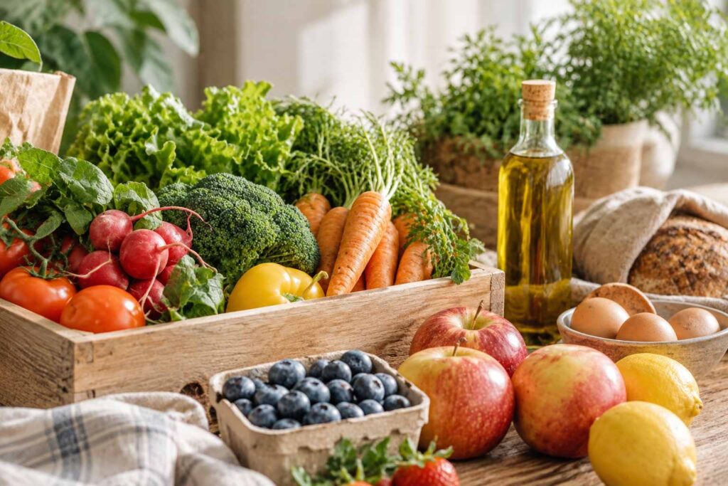 Box of fresh fruit and vegetables alongside eggs, olive oil and bread