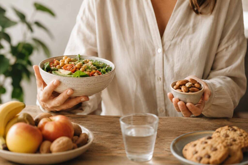 Woman holding a bowl of salad and a small bowl of nuts, surrounded by fresh foods