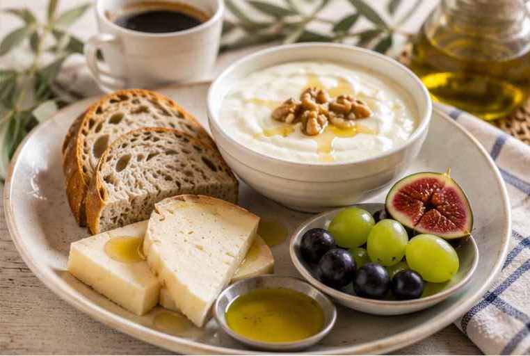 Sourdough bread, yogurt, goats or sheep cheese, coffee and fruit, grapes and figs.