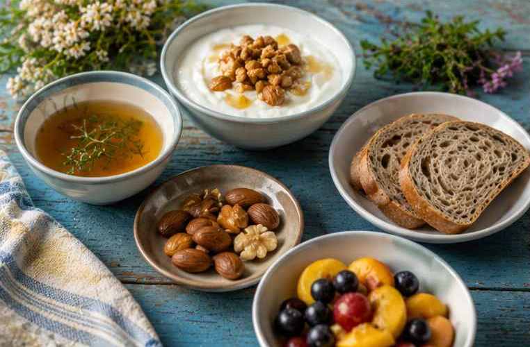 Yoghut, nuts, sourdough bread, herbal tea and fresh seasonal fruit.