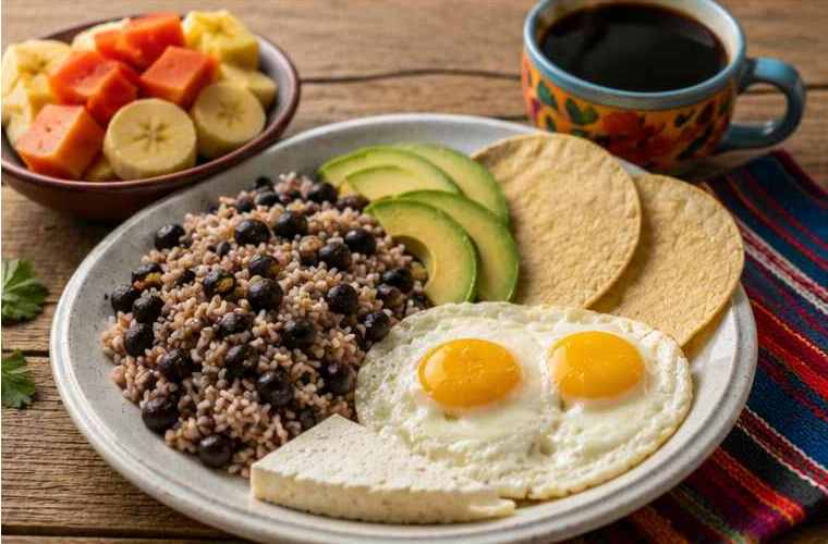 Gallo pinto, eggs, corn tortillas, avocado, coffee and tropical fruit.