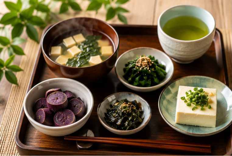 Miso soup, tofu, purple sweet potato, sea weeds and green tea.