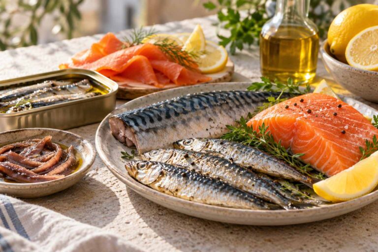 Selection of oily fish including salmon, sardines, mackerel and anchovies, served with lemon and olive oil.