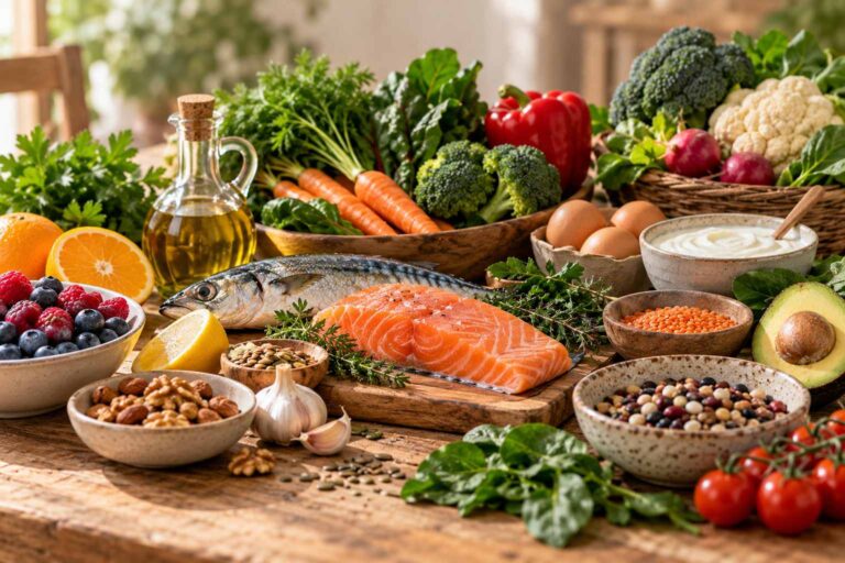 A selection of fresh foods including fish, eggs, vegetables, fruit, pulses and nuts arranged on a rustic wooden table.