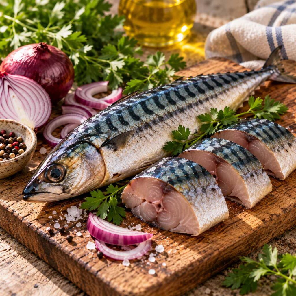 Whole fresh mackerel and several fish steaks on a wooden board with red onion and parsley.