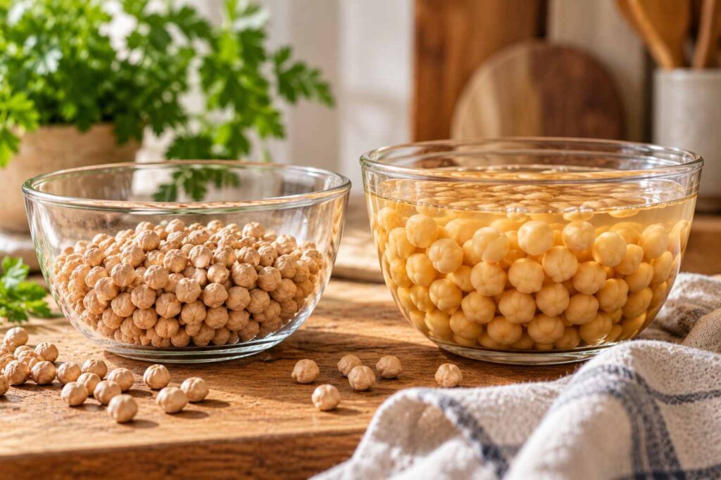 Dry chickpeas alongside chickpeas hydrated after soaking.