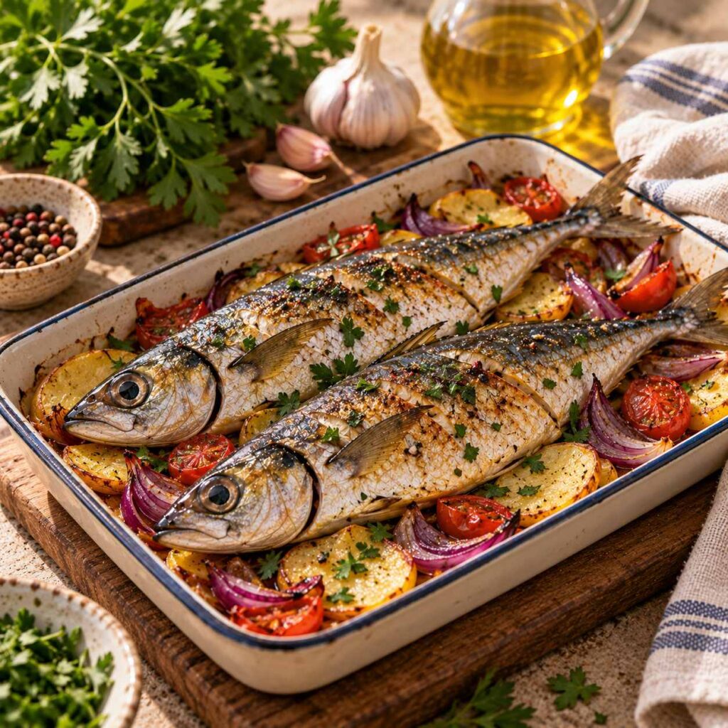 Two baked horse mackerel in a roasting dish with potatoes, red onion, cherry tomatoes and parsley.