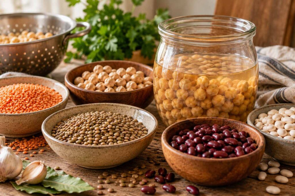 Selection of colourful dried pulses and soaked chickpeas ready for cooking on a rustic table.