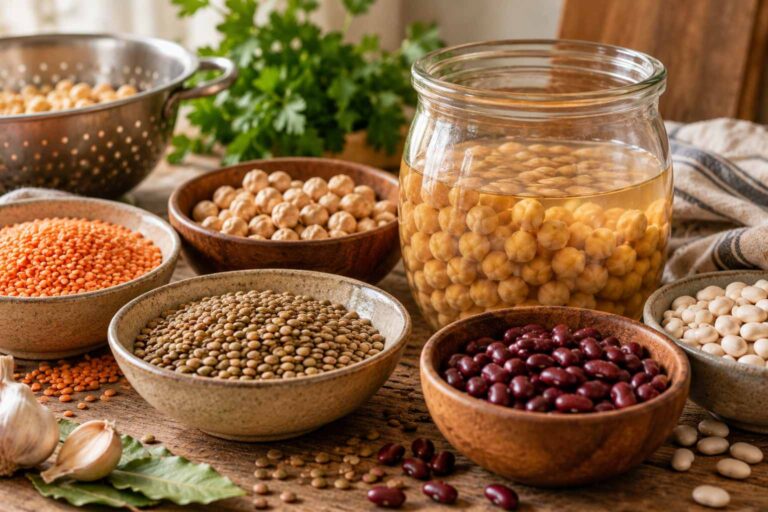 Selection of colourful dried pulses and soaked chickpeas ready for cooking on a rustic table.