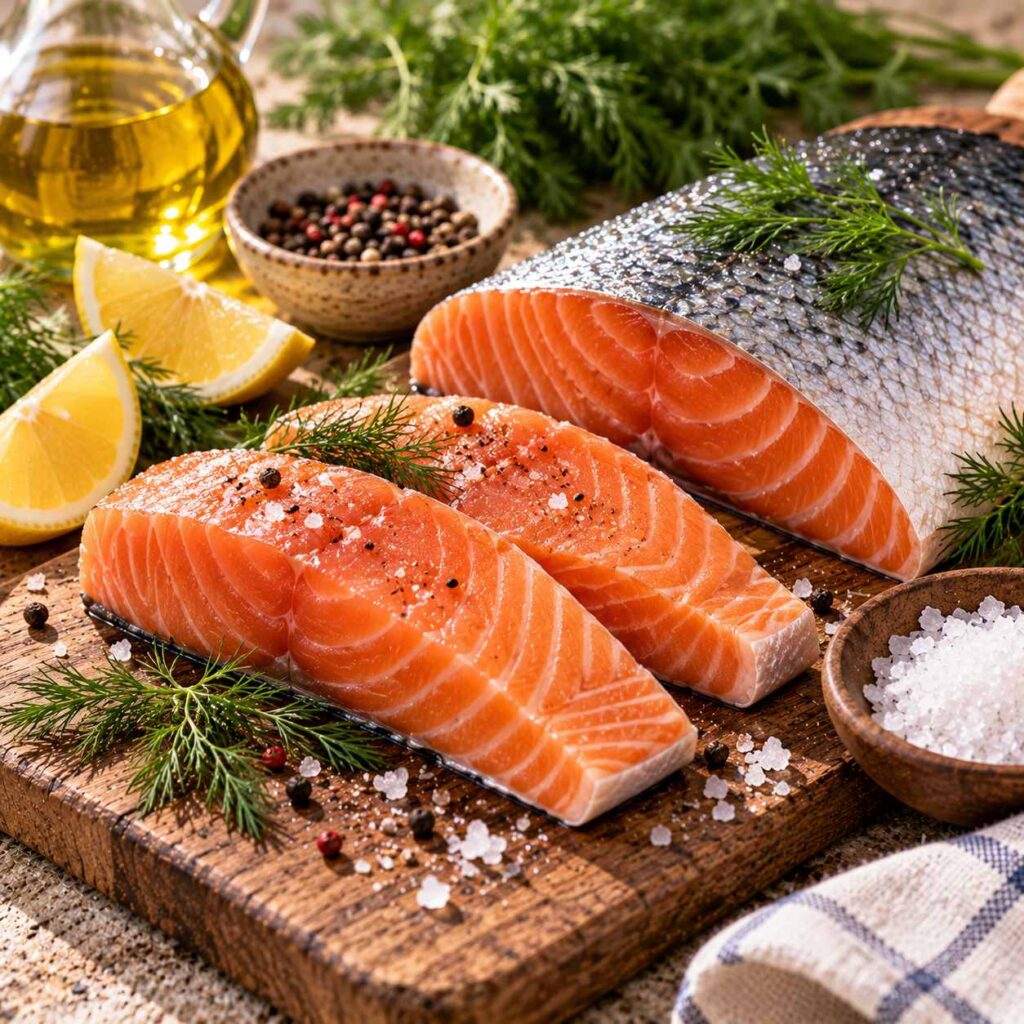Fresh skin-on salmon fillets on a wooden board with dill, sea salt and pepper.