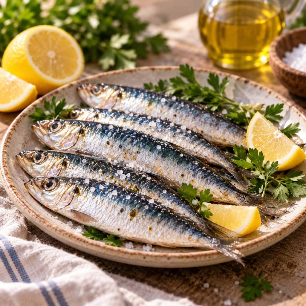 Whole sardines on a ceramic plate with fresh parsley and lemon wedges.