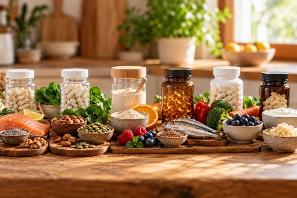 Fresh foods including fish, vegetables, nuts and fruit paired with dietary supplements.