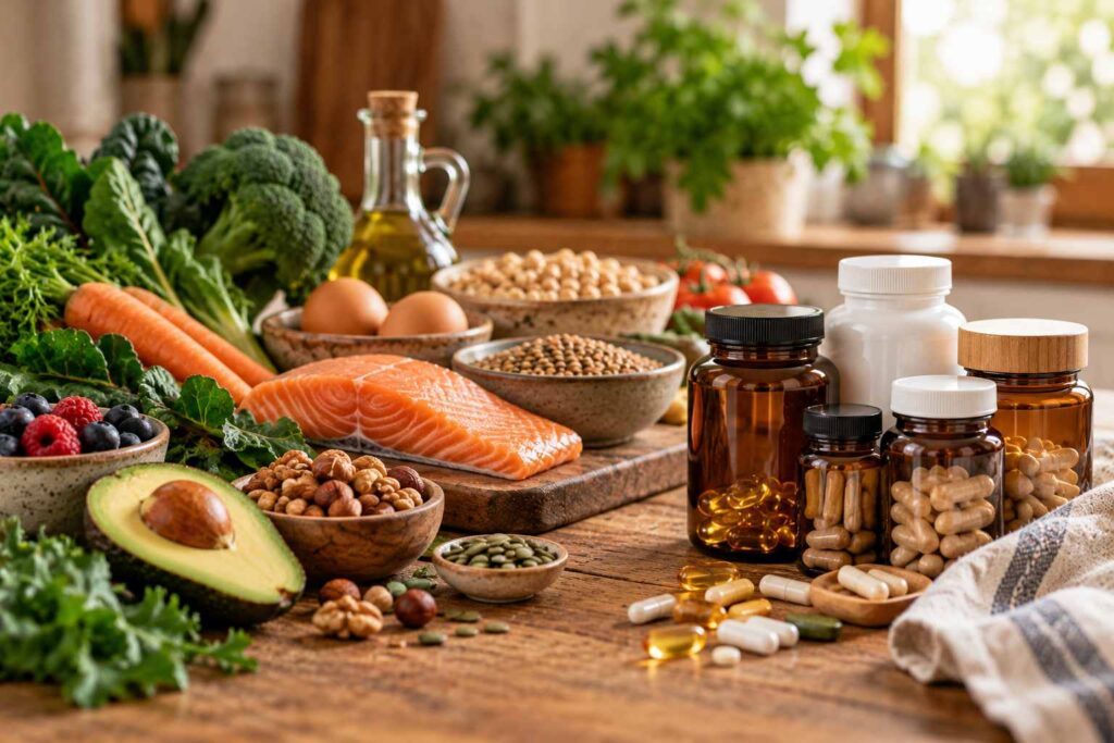 Fresh foods including vegetables, fish, eggs and nuts alongside several bottles of dietary supplements.