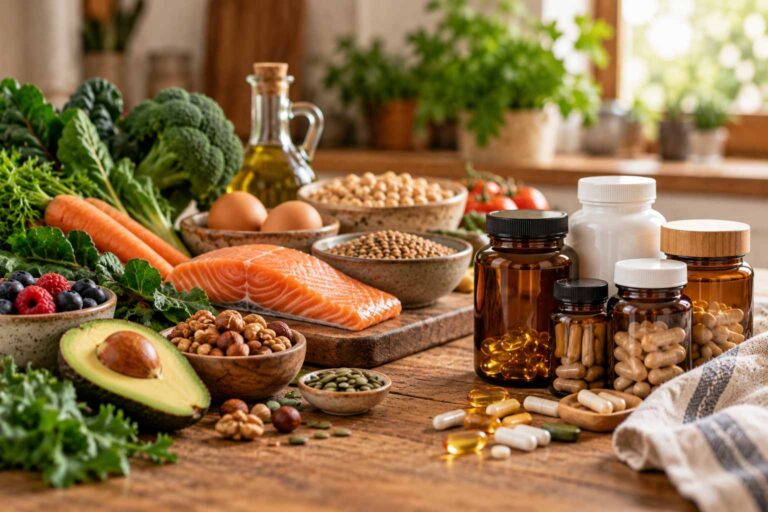 Fresh foods including vegetables, fish, eggs and nuts alongside several bottles of dietary supplements.